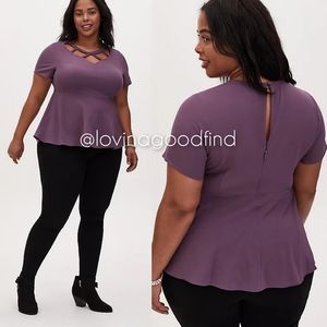 TORRID PURPLE CREPE CAGED PEPLUM TOP NWT sz 2